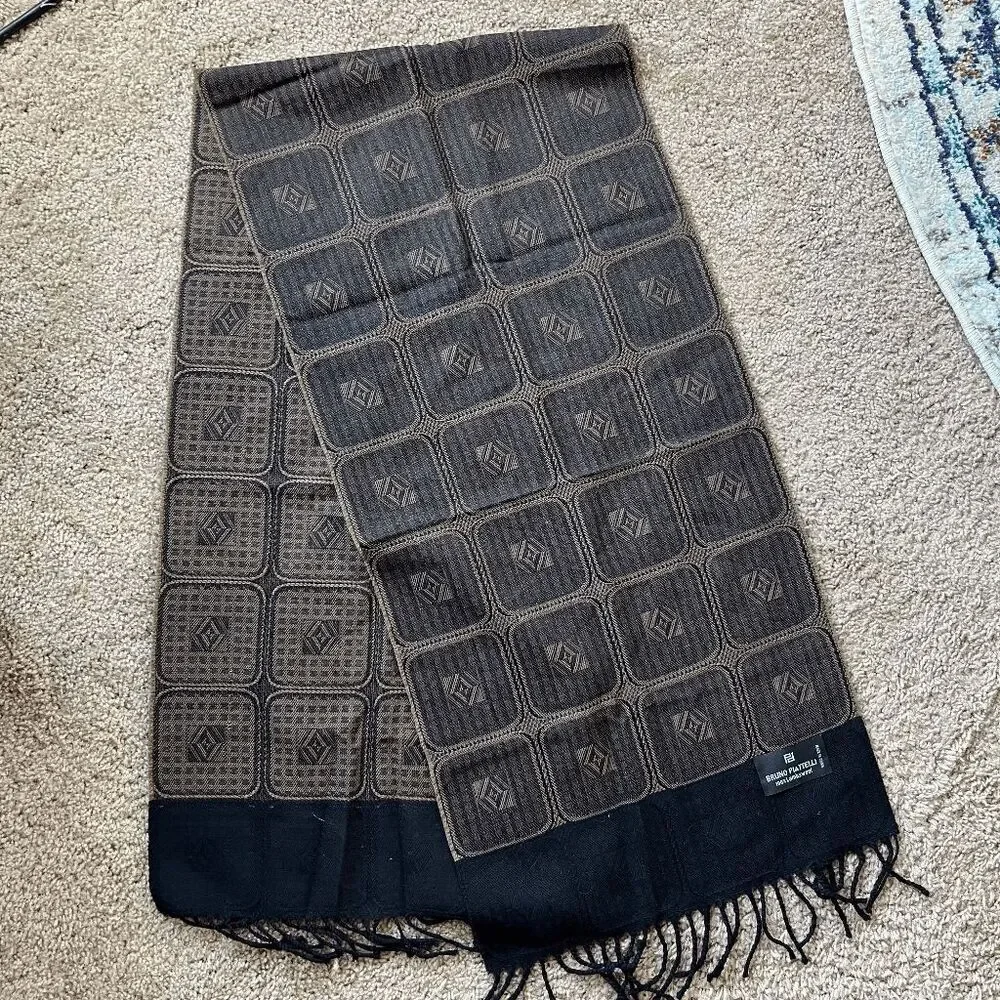VTG Bruno Piattelli Lambswool Scarf Brown Jacquard Geometric Fringe Italy
